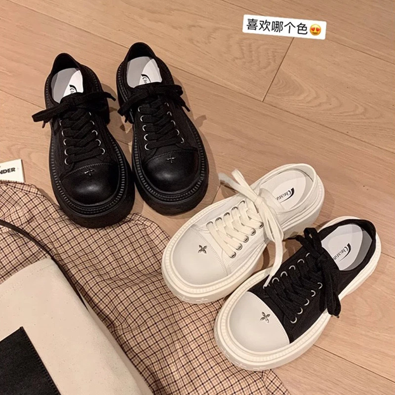 7cm水上漂~圆头厚底帆布休闲鞋女2025秋季新款小白鞋德比板鞋