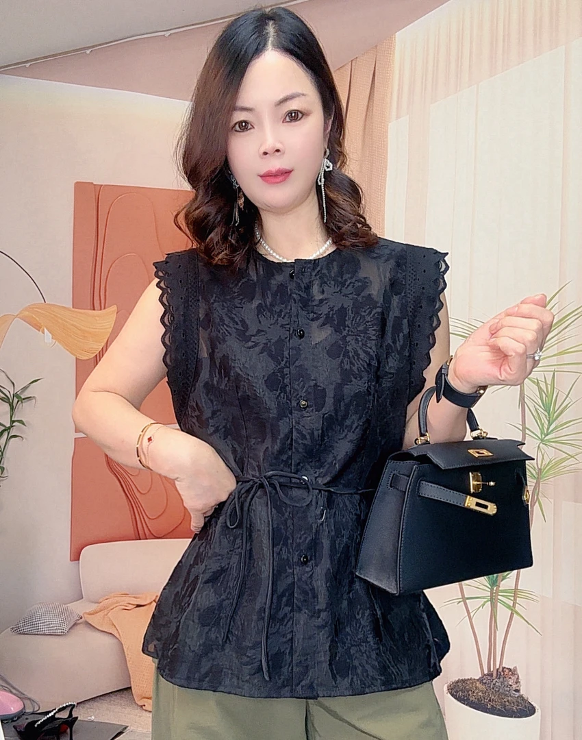 韩熙家小衫2025夏季新款韩版宽松蕾丝飞袖设计感腰带收腰显瘦上