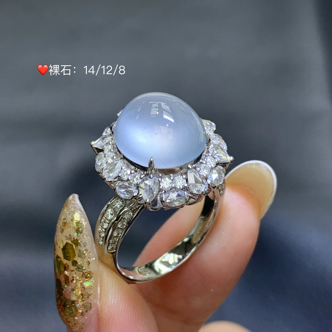 附自然光视频实拍高货玻璃冰戒指豪镶18k缅A翡翠玉石满钻