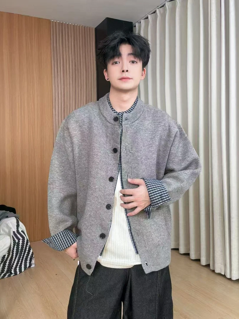 拼接开衫款秋季复古老钱风亨利领毛衣韩版格子针织时尚