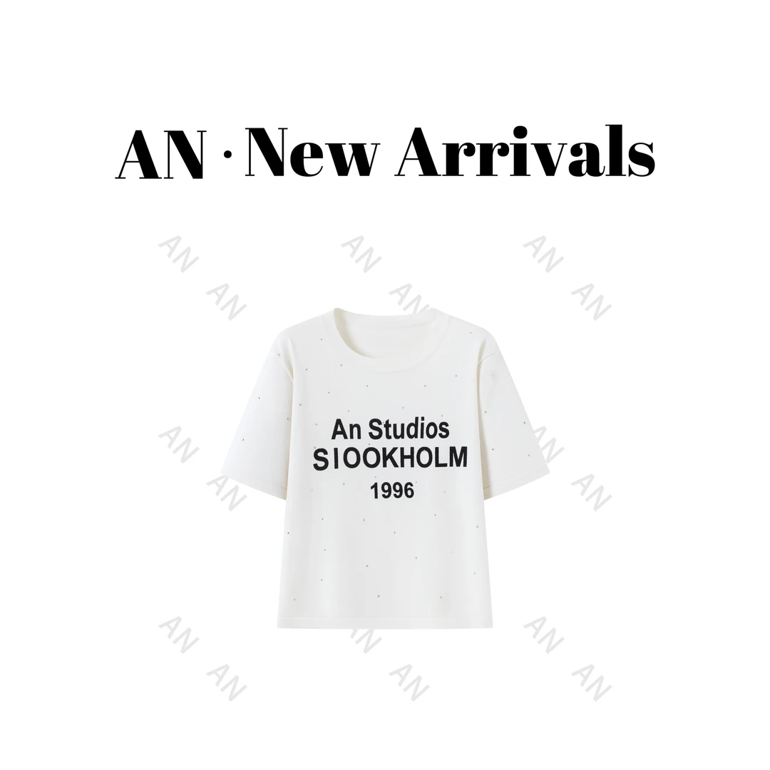 C06028新款休闲宽松洋气时髦设计感套头烫钻字母短袖针织衫