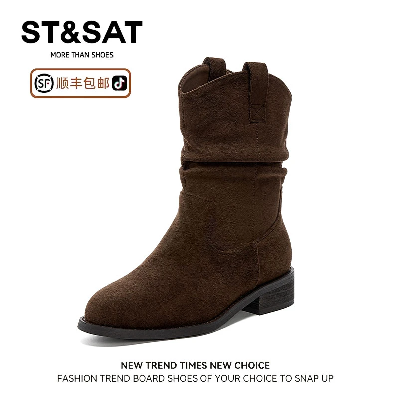 星期六复古尖头短筒马丁靴女秋冬粗跟时尚美拉德骑士靴真皮堆堆靴