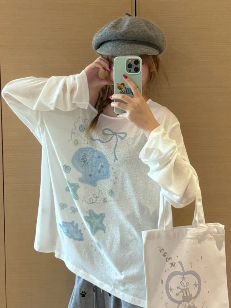 贝壳印花小清新夏季长袖防晒罩衫宽松百搭薄款上衣