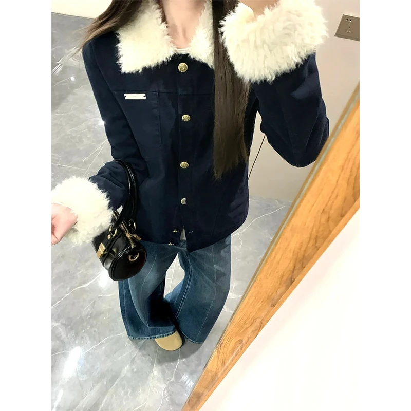 秋冬季小香风毛领短款藏蓝外套女2025新款爆款韩系百搭通勤风上衣