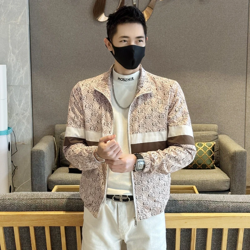 春季潮流时尚复古满印夹克男士休闲百搭立领短款修身个性撞色外套