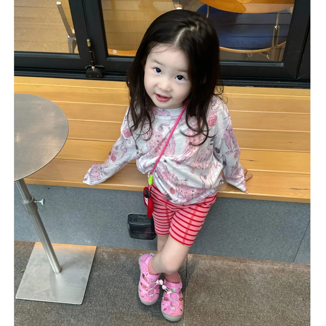 小思家女童2025夏季新款韩版百搭涂鸦防晒长袖上衣条纹骑行裤套装