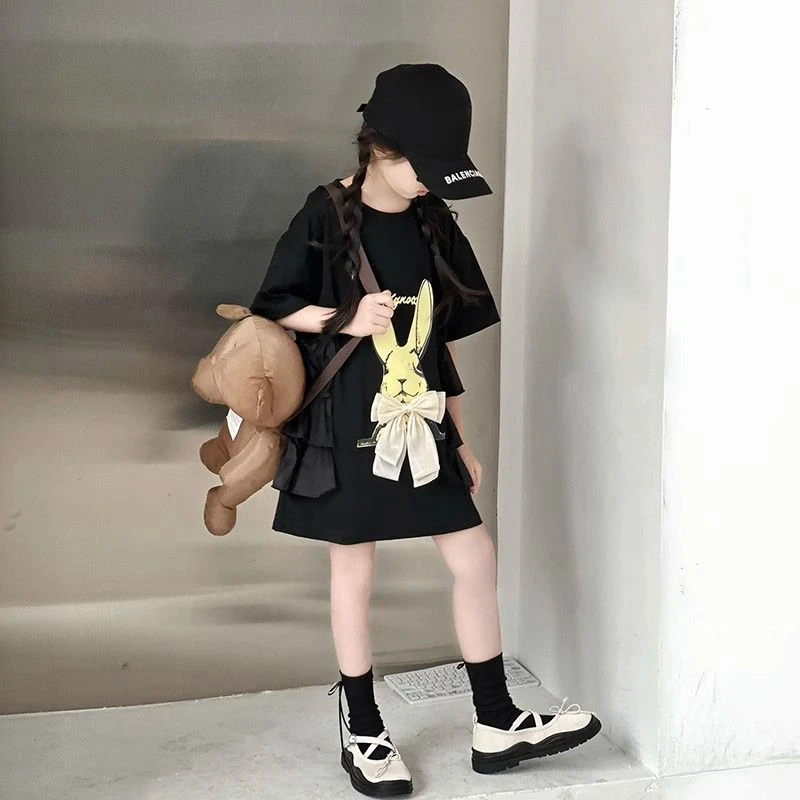 女童黑色短袖连衣裙时髦洋气中大童春夏蝴蝶结兔子印花儿童t恤裙