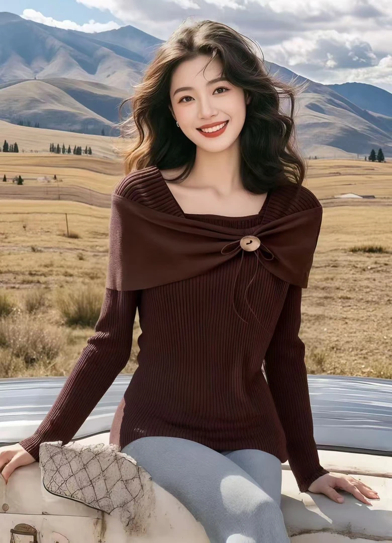 秋季长袖法式针织套头款咖色修身方领长袖设计感毛针织衫时尚百搭