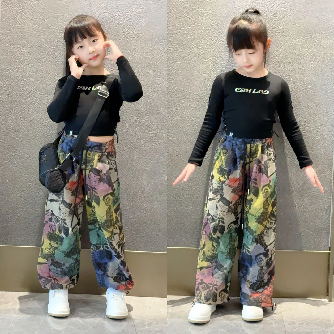 扎染渐变魔童哪吒印花阔腿卫裤女童多巴胺显瘦休闲轻奢打底T恤