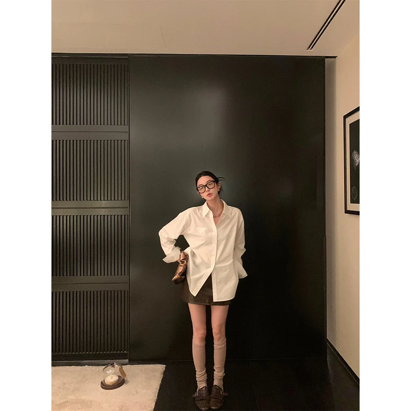 韩系翻领慵懒风长袖衬衫外套秋季设计感显瘦衬衣上衣高腰显瘦短裤