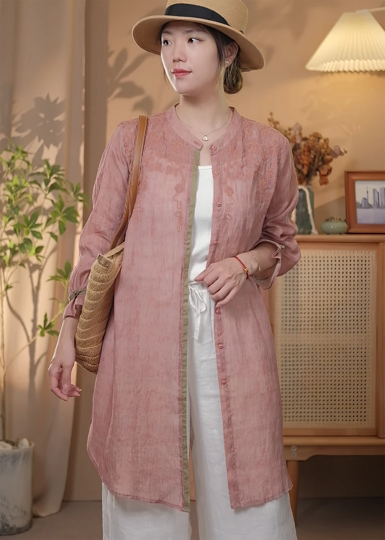 文艺复古风苎麻刺绣中长款开衫