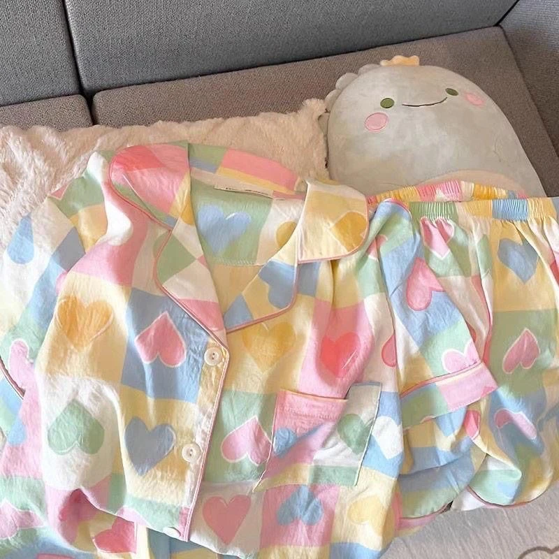 女童睡衣云朵棉夏天翻领开衫短袖爱心图案卡通薄款空调家居服大童