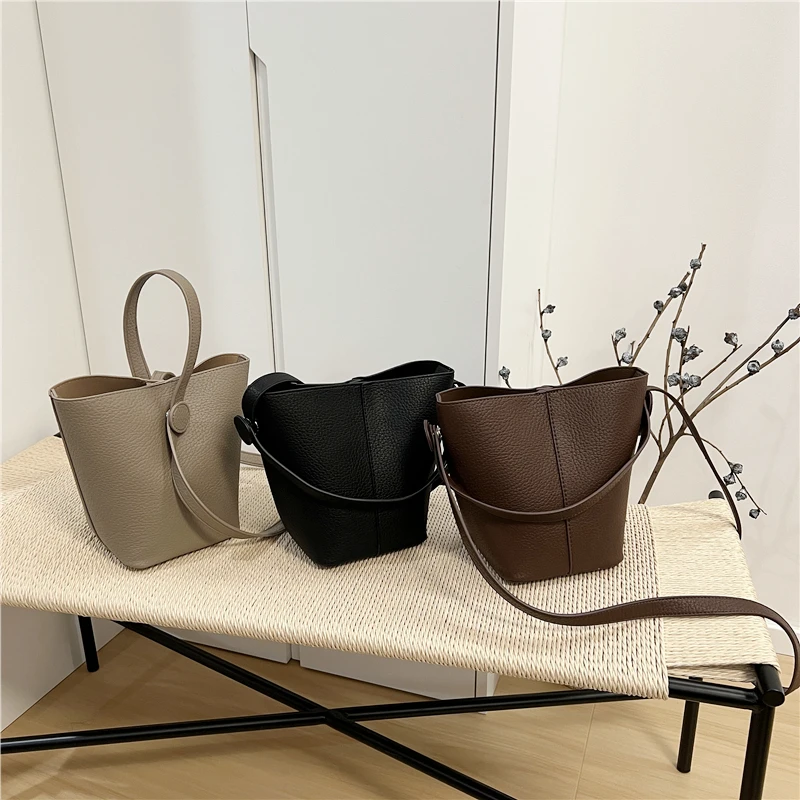 小众设计高级感植鞣软皮手提菜篮子水桶包复古单肩斜挎包