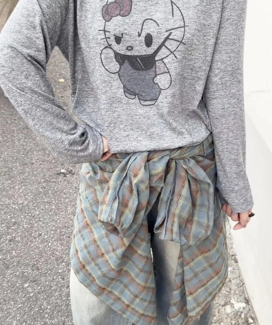 代购200➕东大门同款百搭宽松猫咪印花长袖T恤女