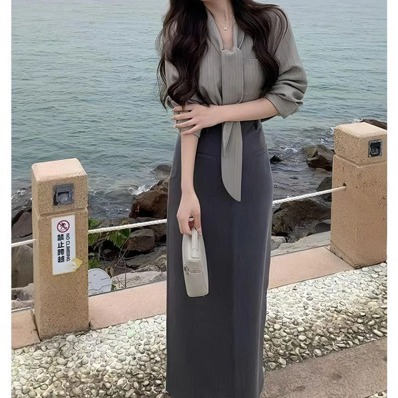 2025春秋新款法式高级感系带衬衫+半身裙两件套轻熟风气质套装女