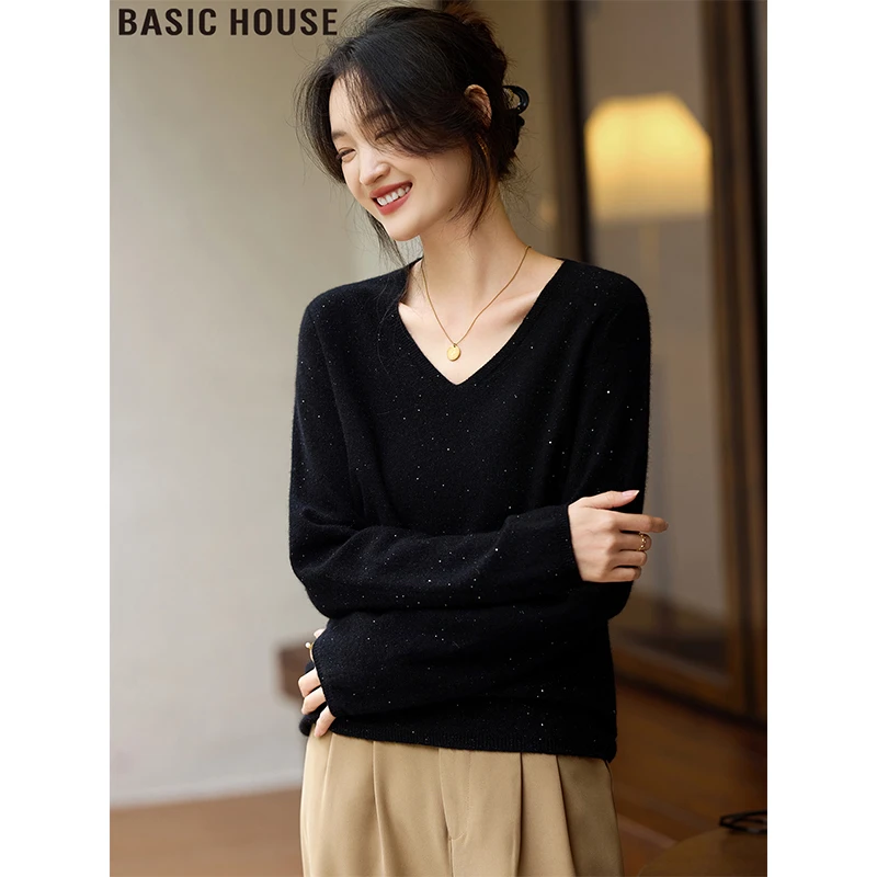 Basic House/百家好法式黑色亮片羊毛针织V领毛衣打底衫女款秋季