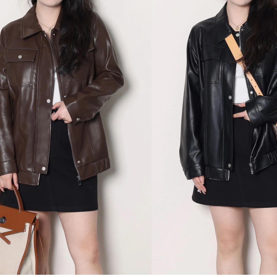 QC杨杨【怀旧画廊】微胖大码女早春穿搭甜酷机车皮衣外套ZY312J37