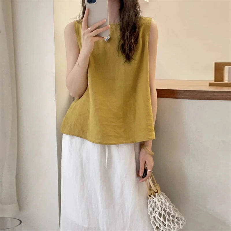 高级简约圆领无袖衬衫女夏季松弛感减龄时尚漂亮百搭小衫坎肩上衣