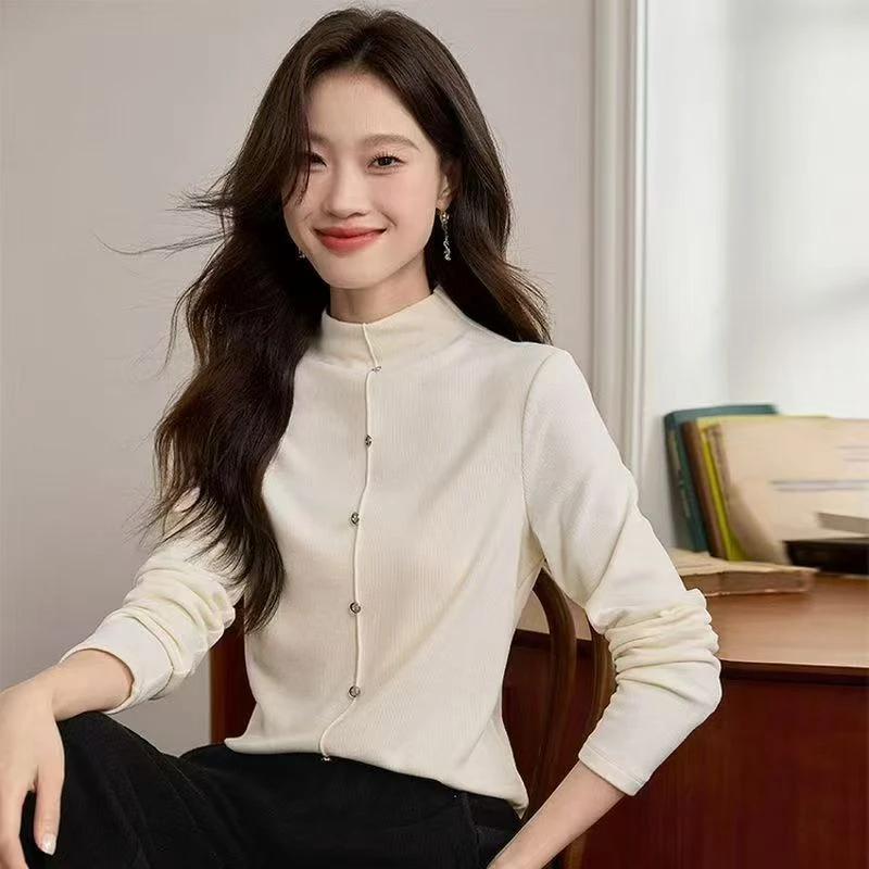韩系单排扣半高领磨毛德绒打底衫女秋冬款纯色气质内搭洋气