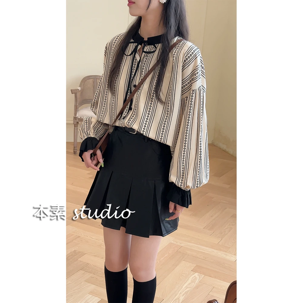 城市恋人M8519印花全开扣系带立领衬衫宝藏衣橱