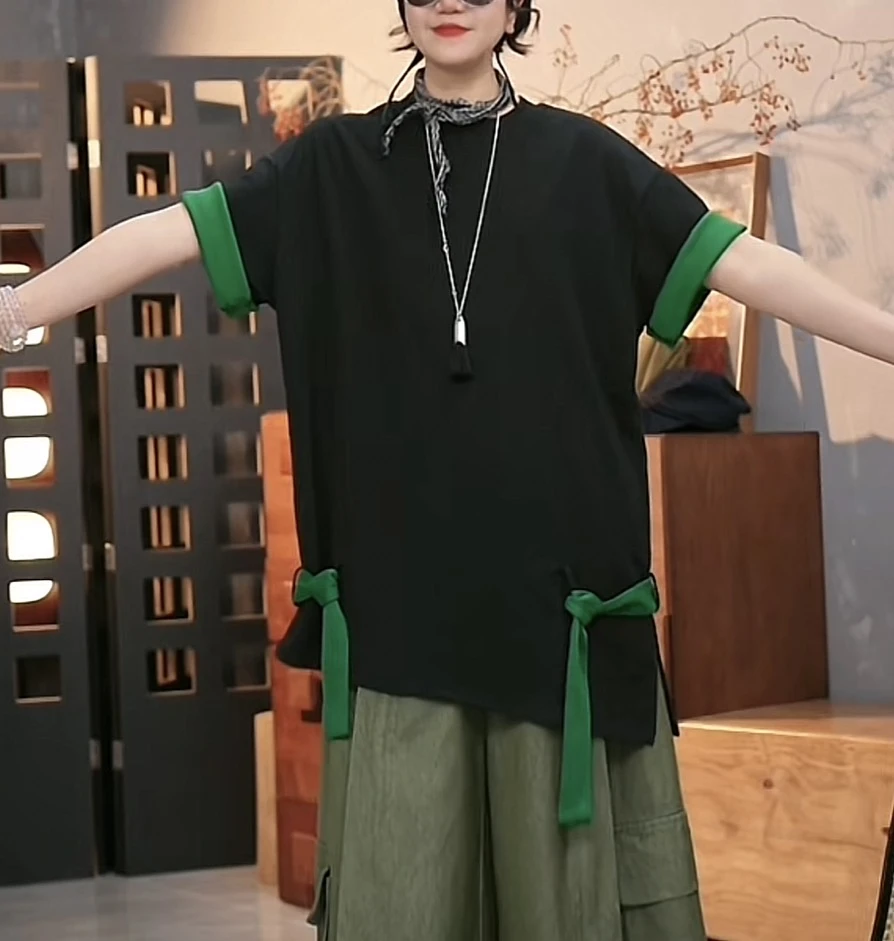 2025年新款绿色拼色夏季短袖T恤时尚简约休闲百搭圆领T恤-1110