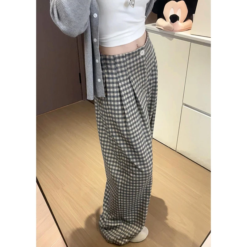 鑫鑫同学复古格子阔腿裤女2025秋季新款高腰垂感宽松显瘦百搭长裤