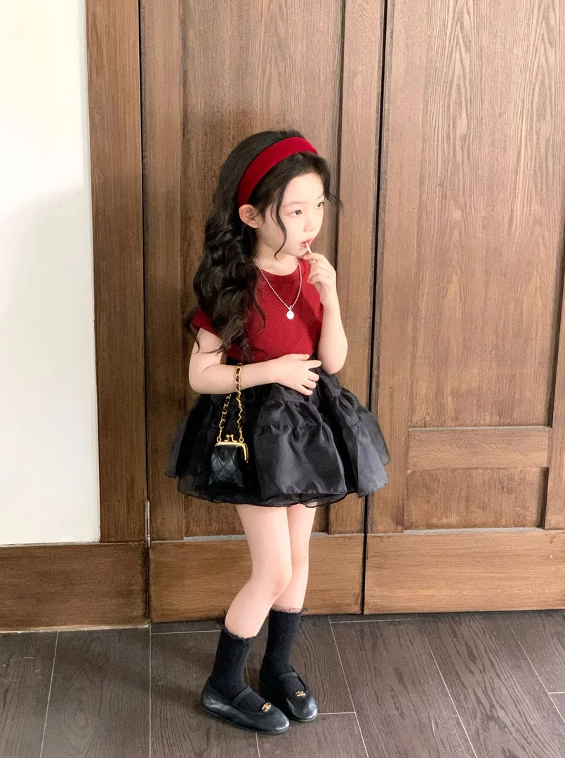女童夏季新款韩版红色镂空T恤洋气黑色网纱半身裙甜美蓬蓬短裙