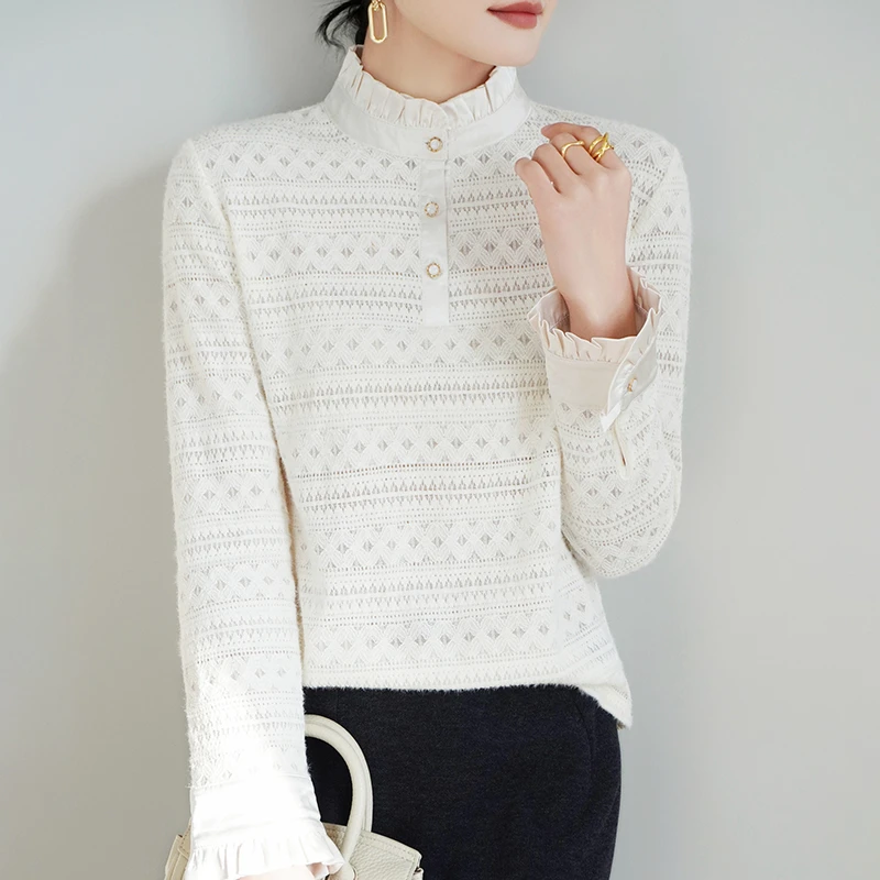 爆款蕾丝镂空上衣气质通勤木耳领长袖时尚百搭轻奢立领镂空打底衫
