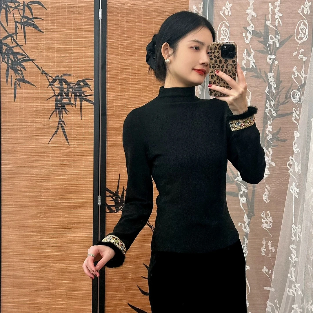 新中式厚款上衣直襟气质刺绣半高领休闲女装长袖上衣----9233