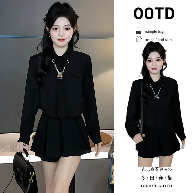 初夏穿搭一整套2025新款韩系设计感黑色衬衫百搭高腰短裙两件套女