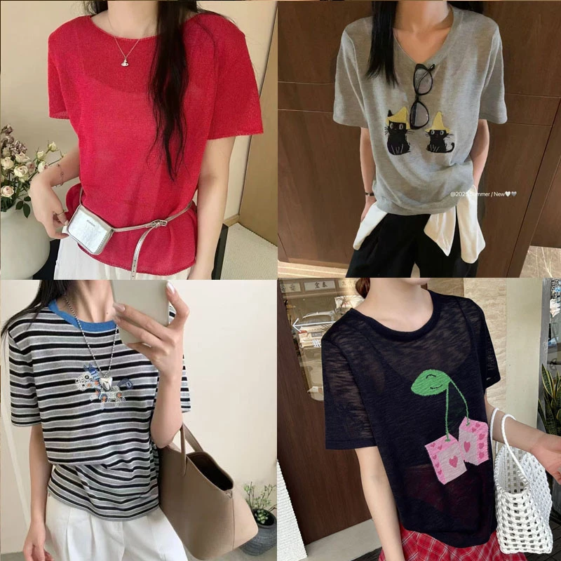 [10-100]女装春夏网红气质宽松圆领慵懒风针织衫显瘦短袖洋气