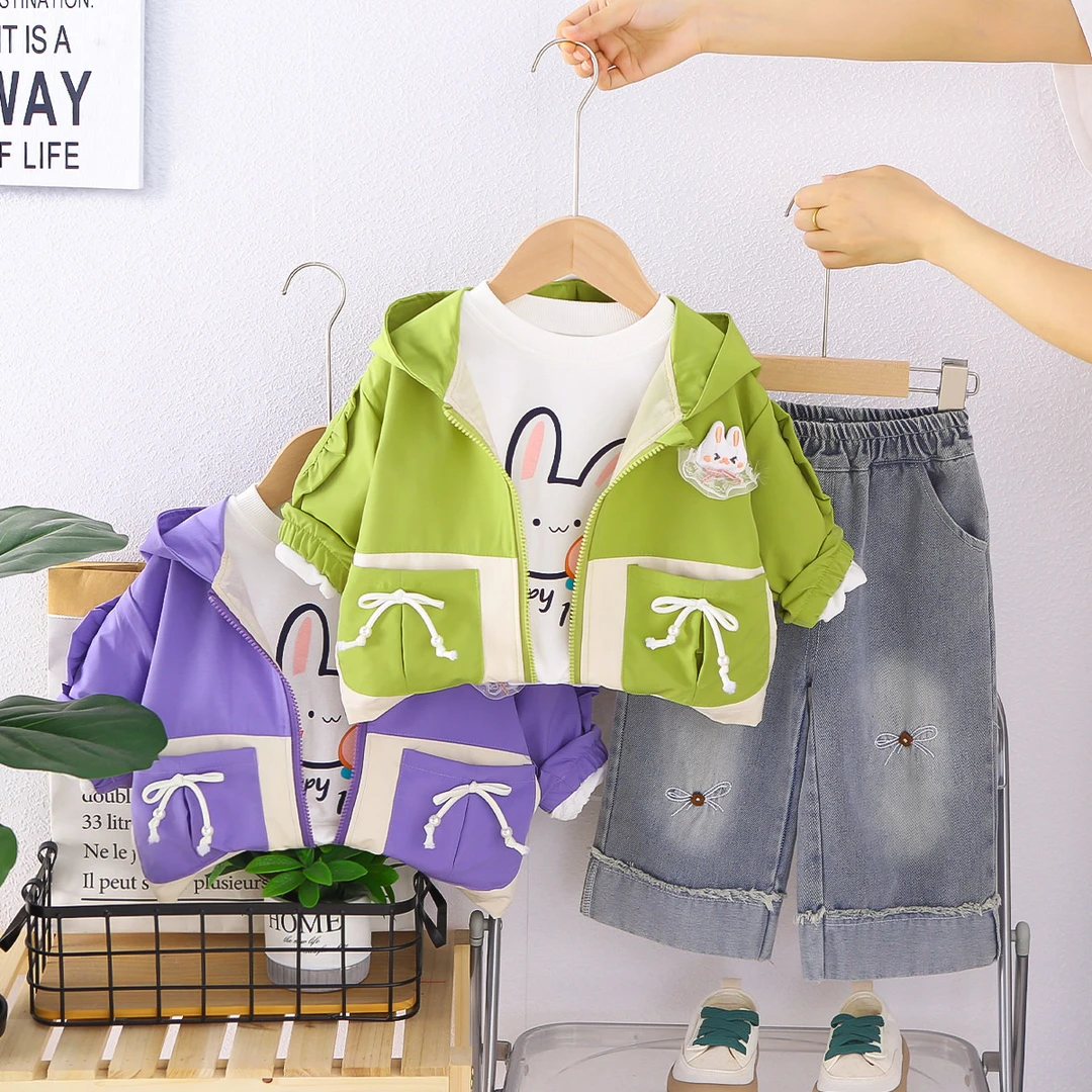 女童春秋冲锋衣三件套1-2-3-4岁儿童洋气宝宝牛仔裤韩版童装YYL