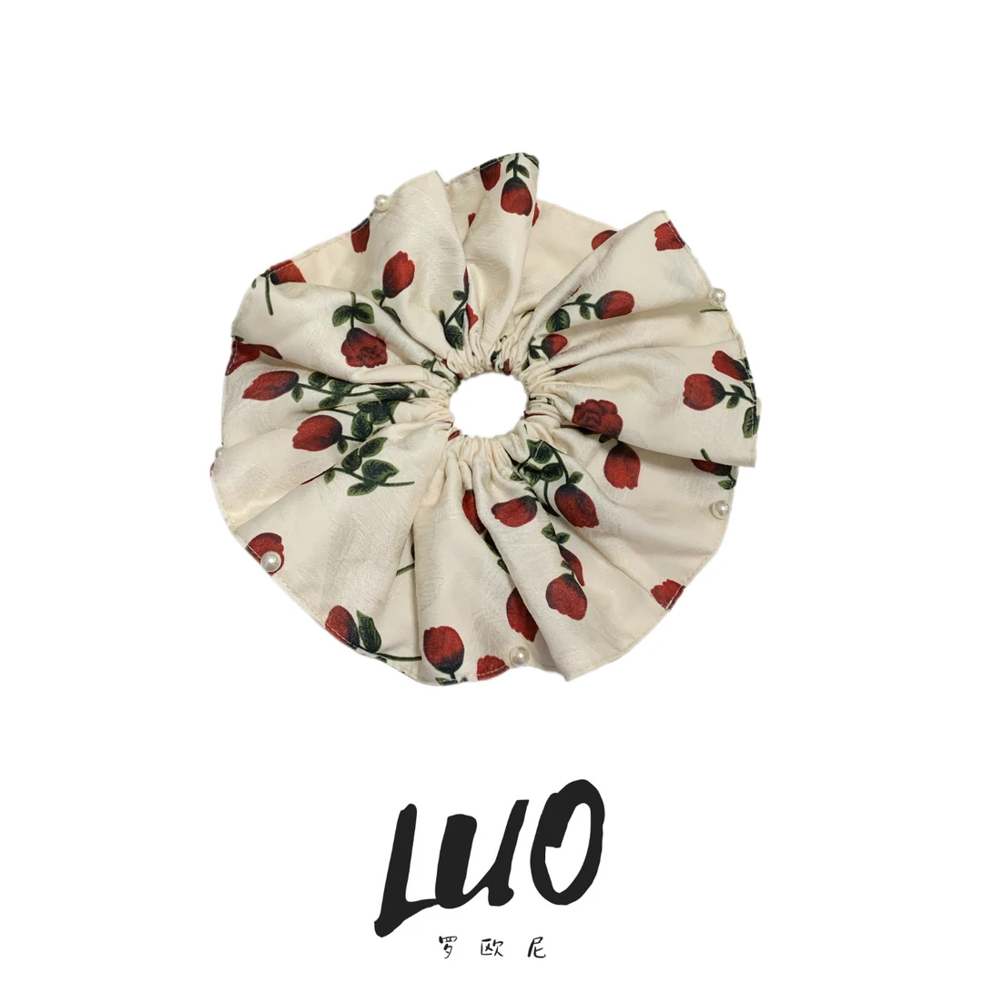 【罗欧尼】法式玫瑰珍珠裙摆发圈~超大号大肠慵懒复古发饰头饰头绳