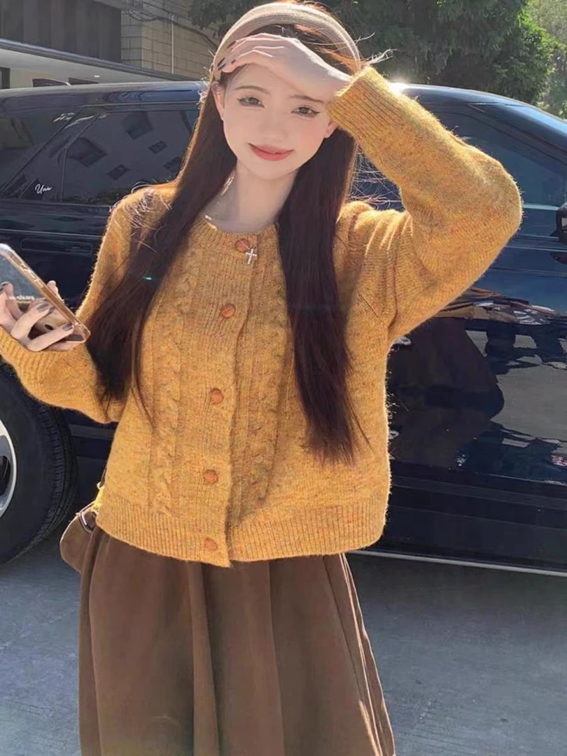 姜黄柿子~ 氛围感秋冬多巴胺软糯宽松毛衣开衫混色针织开衫新款