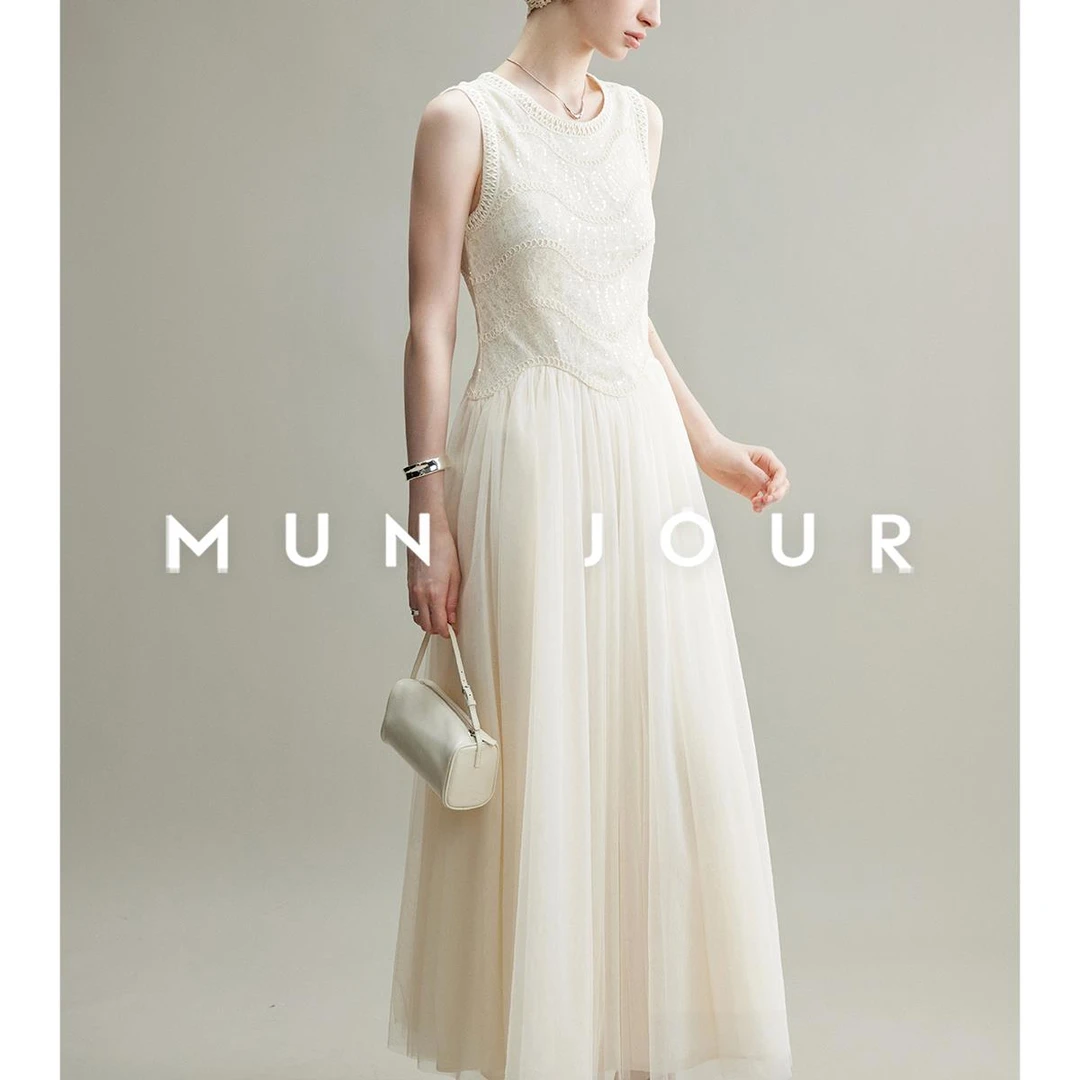 浪漫仙逸 重磅Du家定制绳绣亮片蕾丝拼接网纱大伞摆无袖连衣裙