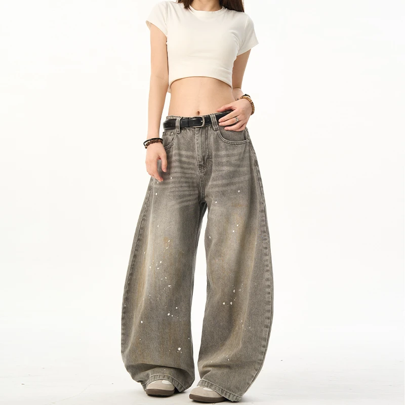 CDDR美式复古高街做旧水洗灰色泼墨牛仔裤男女设计感弯刀拖地裤子