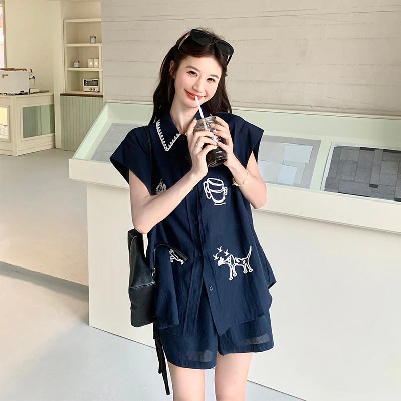 藏青色刺绣衬衫套装女2025年夏季新款复古气质短袖上衣短裤两件套
