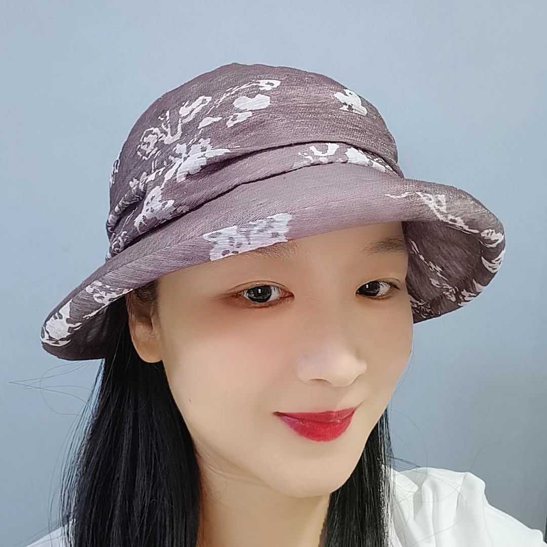 夏上新提花卷边国风圆平顶盆帽可折叠渔夫帽遮阳防晒太阳帽透气帽