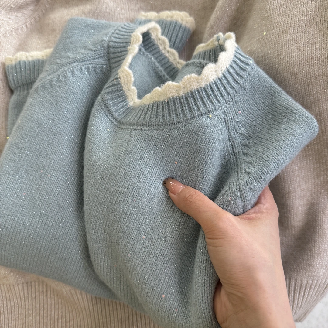 初奢自制】甜美蕾丝花边圆领长袖针织衫时尚百搭减龄显瘦毛衣