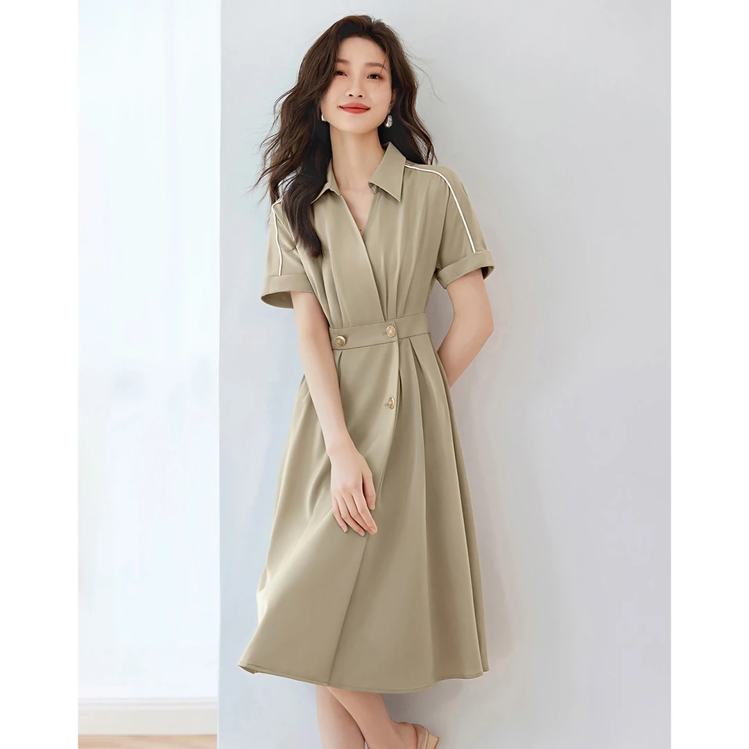 2025夏款气质优雅高级蕾丝肩部拼接设计感收腰连衣裙6537