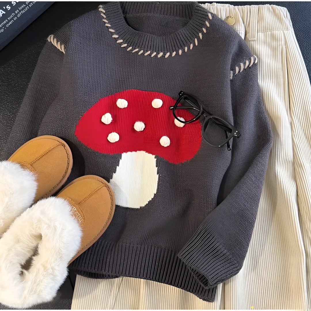 女童加厚蘑菇毛衣秋冬2025新款圆领针织打底衫保暖内搭儿童冬装潮