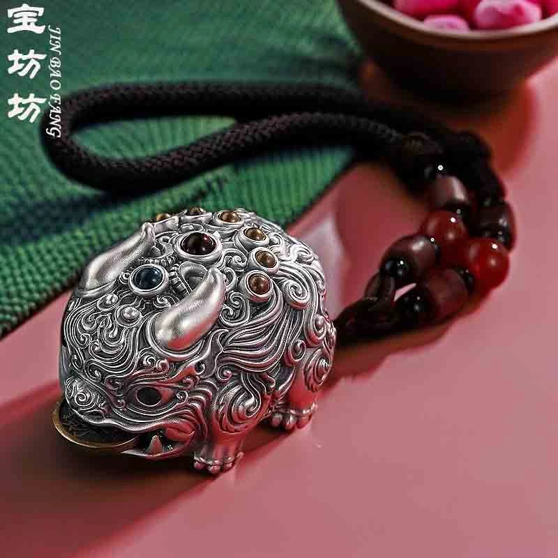 足银银制品 足银999祥云貔貅手把件纯手工复古雕刻民族风素款挂件