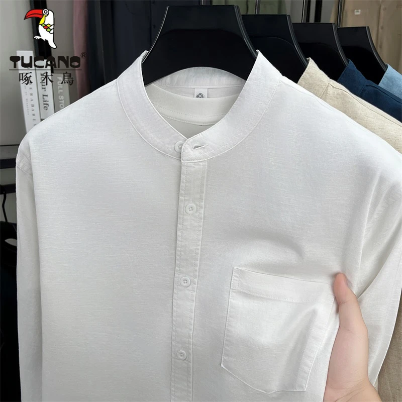 啄木鸟日系休闲衬衫薄款2025年春夏棉麻立领长袖衬衣男士装潮流1