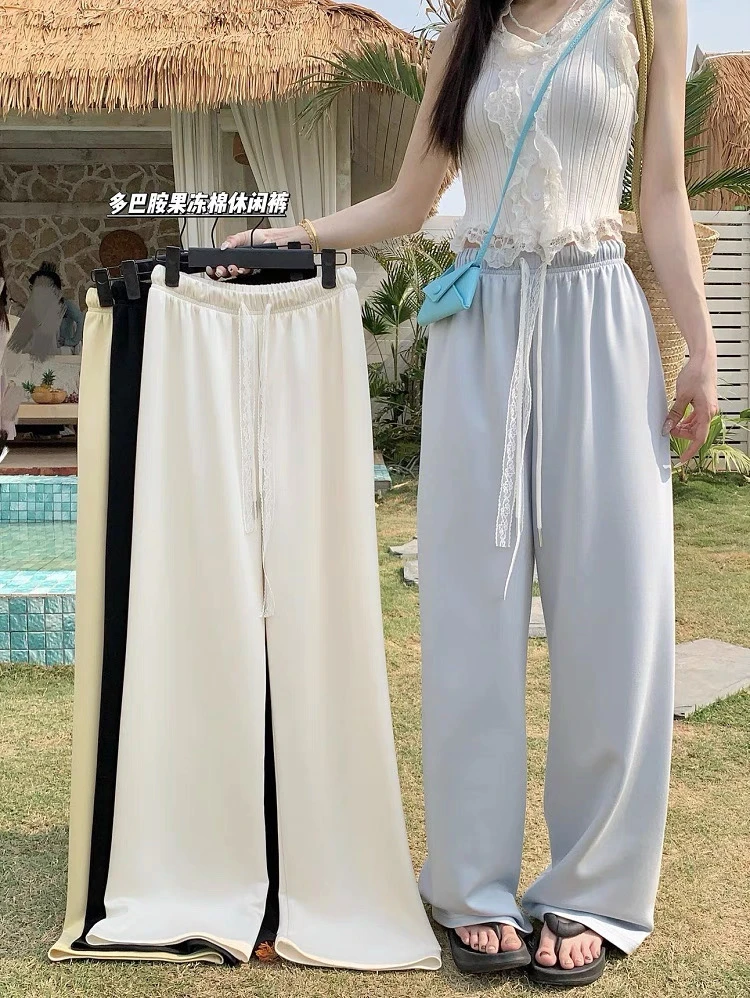 小众蕾丝飘带休闲裤女夏季高腰宽松拖地裤宽松直筒长裤百搭阔腿裤