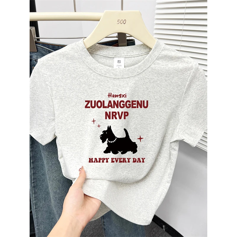 白灰色正肩显瘦短袖t恤女2025夏季新款大码胖mm休闲百搭圆领上衣