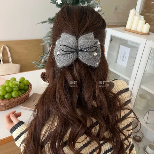 绒绒毛～秋冬毛线蝴蝶结发夹女后脑勺马尾夹全盘发鲨鱼夹子抓夹
