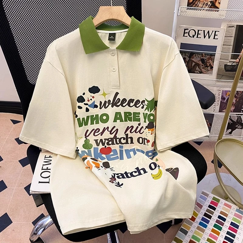 胖妹妹大码卡通学院风别致撞色POLO领短袖T恤女夏季宽松显瘦上衣
