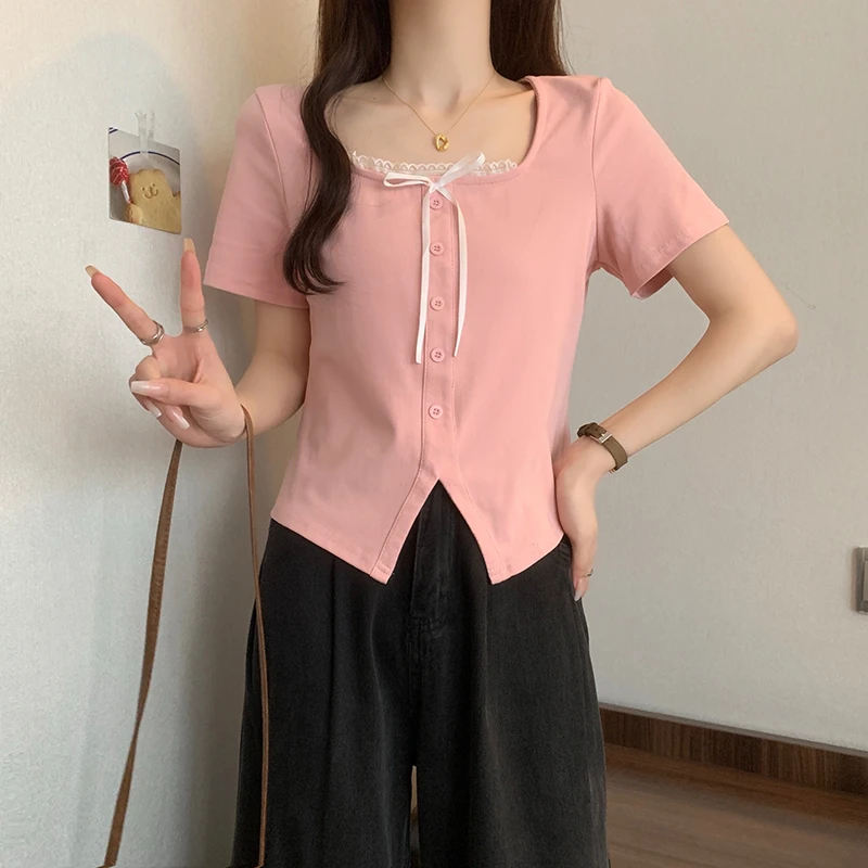 芷蕾2025新款夏季法式蕾丝假两件正肩短袖T恤大码胖mm半袖上衣女