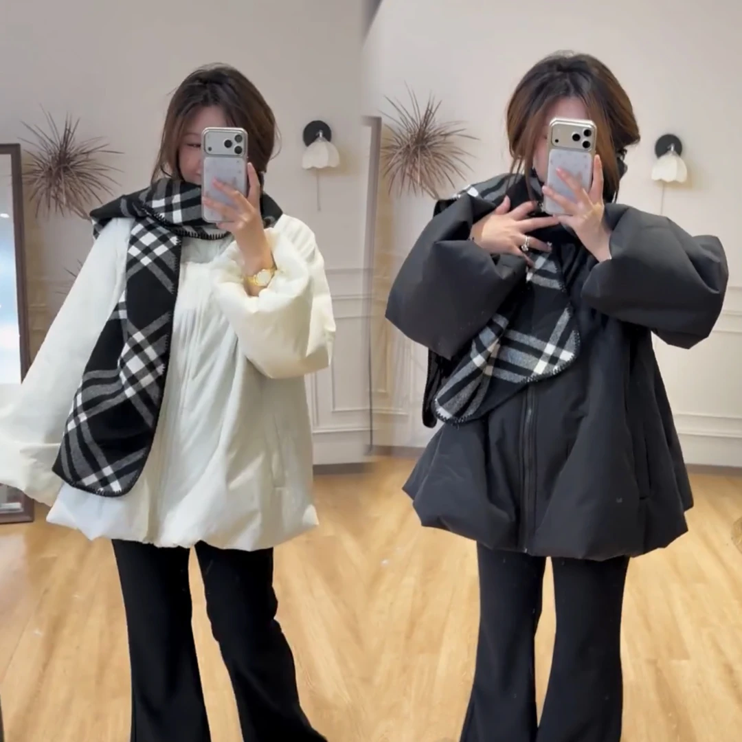 2025初冬新款纯色加厚泡泡袖宽松遮肉花苞棉服外套