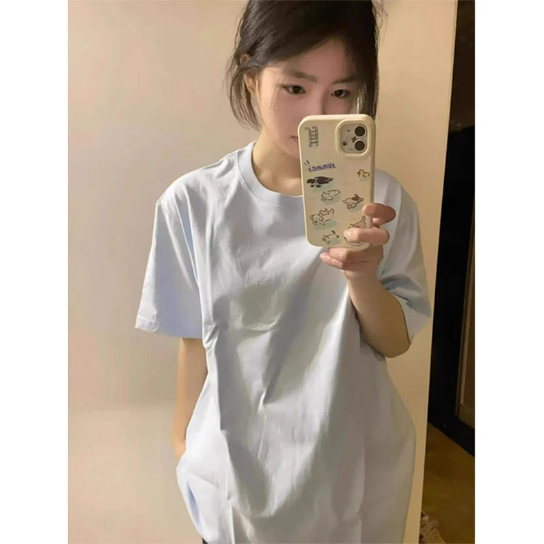 2025夏季新款休闲短袖t恤女纯棉oversize百搭圆领上衣韩版宽松ins